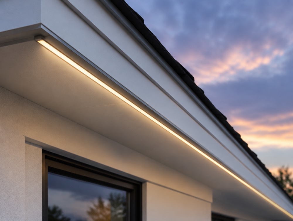 Close-up of the low-profile aluminum LED light channel mounted along a roofline