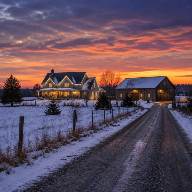 Permanent LED lighting on a farmhouse and barn near Erin, Ontario