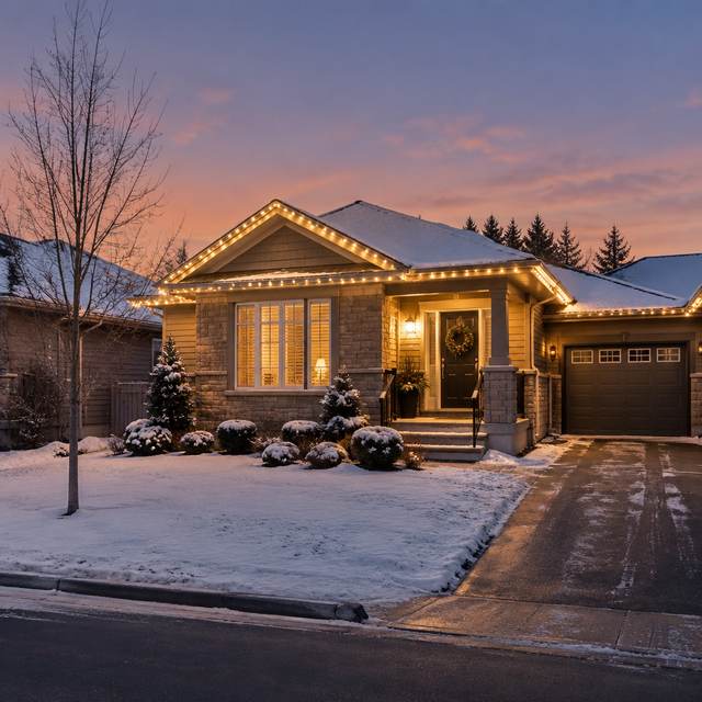 Permanent Christmas lights on a bungalow front roofline in Orangeville